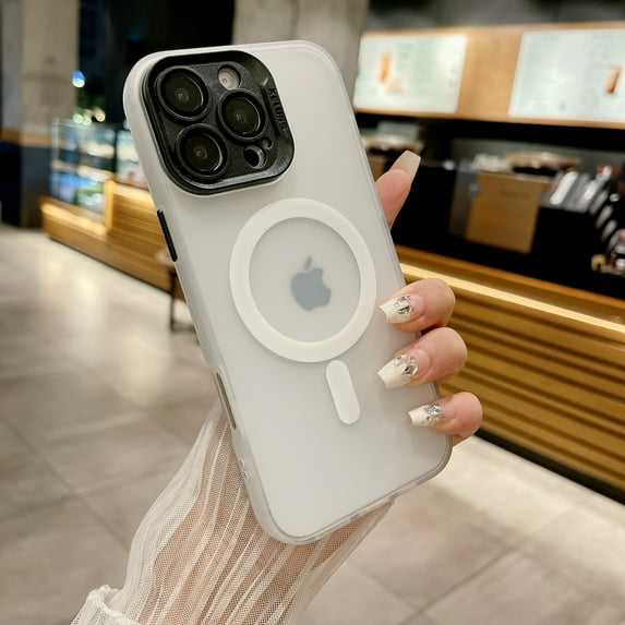 for iPhone 12 Pro Max Case Compatible with Magsafe, Luxury Translucent Matte Camera Cover Kickstand Shockproof Lightweight Protective Ultra Slim Phone Cover with Camera Lens Protector - White