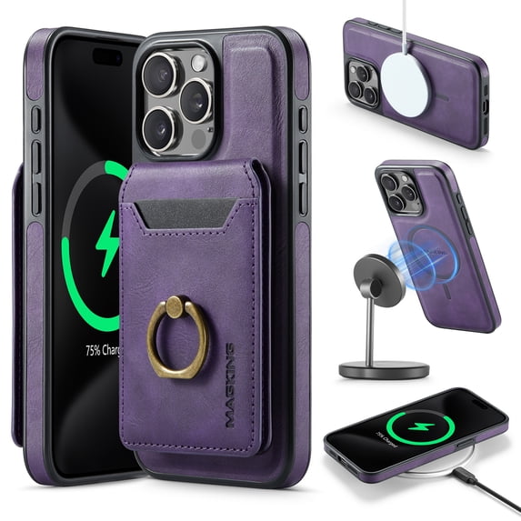 For iPhone 12 Pro Max Case with Credit Card Holder,Ring Holder,Phone PU Leather Case Wallet for Women Men Magnetic Detachable 2-in-1 Wallet Card,Shockproof Rugged Phone Case,Purple