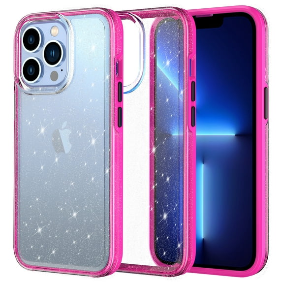 iPhone 12 Pro Max Case, Cute Shiny Bling Glitter Phone Cover Heavy Duty Hard PC Soft TPU Bumper Full Body Shockproof Protective Women Girls Case for Apple iPhone 12 Pro Max 6.7 inch 2020,Clear + Pink