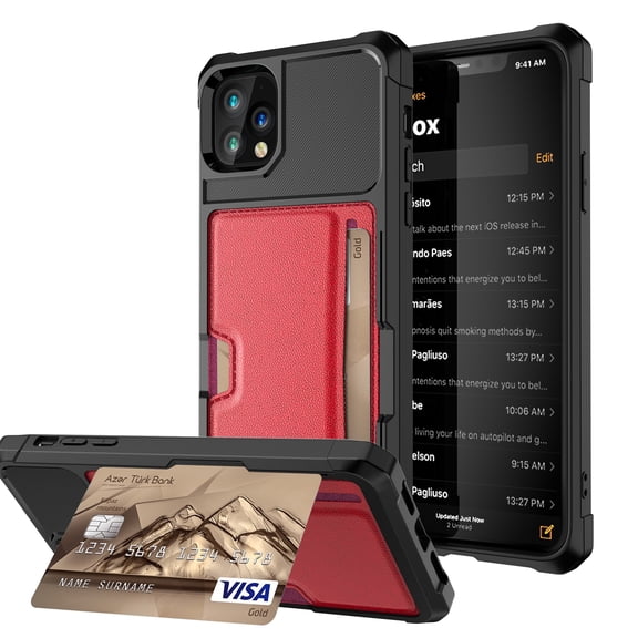 iPhone 12 Pro Max Case, Dteck Heavy Duty Hard Silicone Shockproof Card Slots Wallet Case Built-in Metal Magnetic Iron for Apple iPhone 12 Pro Max 6.7 inch, Red