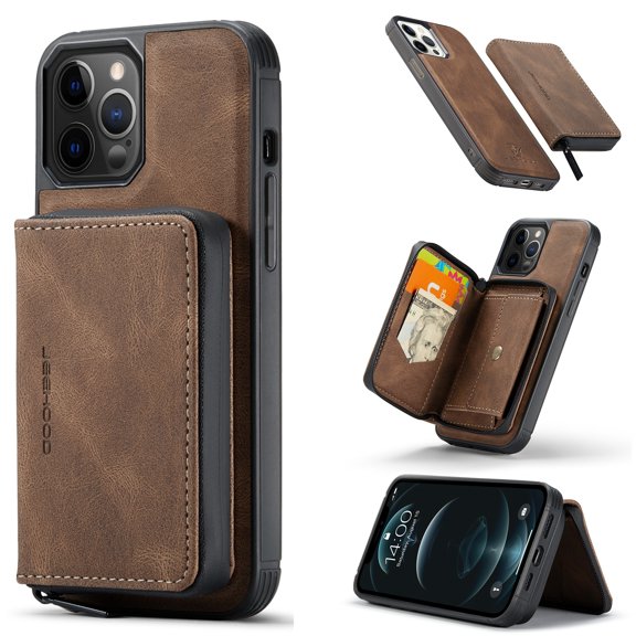 iPhone 12 Pro Max Case,Dteck Magnetic Leather Detachable Wallet Functional Removable Case Shockproof Rubber Cards Holder Money Pocket Hybrid Kickstand Back Cover For iPhone 12 Pro Max 6.7-inch,Brown