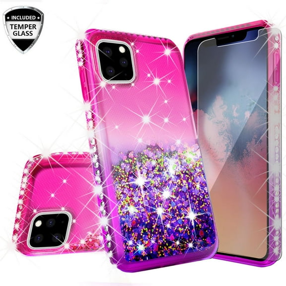 iPhone 12 Pro Max Case, Liquid Glitter Phone Case for Girls Women with Tempered Glass Screen Protector - Hot Pink/Purple