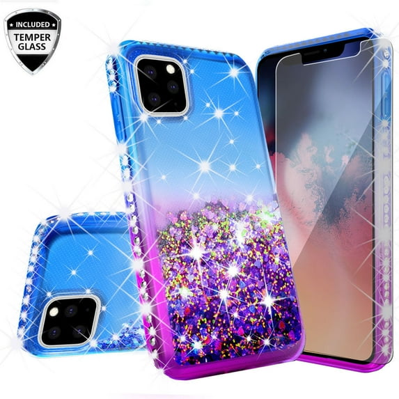 iPhone 12 Pro Max Case, Liquid Glitter Phone Case for Girls Women with Tempered Glass Screen Protector - Purple/Blue