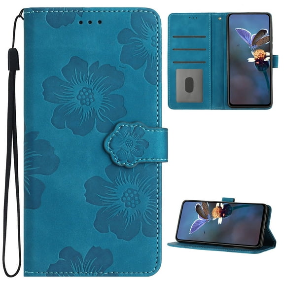 for iPhone 12 Pro Max Case, Lovely Flower Embossed PU Leather Magnetic Wallet with Stand Holder Flip Cover with Card Slots & Strap Compartment for iPhone 12 Pro Max for Women Girls,Blue
