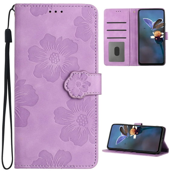 for iPhone 12 Pro Max Case, Lovely Flower Embossed PU Leather Magnetic Wallet with Stand Holder Flip Cover with Card Slots & Strap Compartment for iPhone 12 Pro Max for Women Girls,Purple