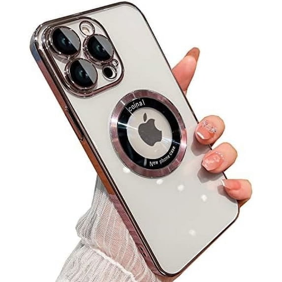 for iPhone 12 Pro Max Case,Magnetic Compatible with Magsafe,Glass Lens Camera Protector,Logo View Hard Luxury Phone Cases for iPhone 12 Pro Max for Women Men Transparent Cover (Rose Pink)