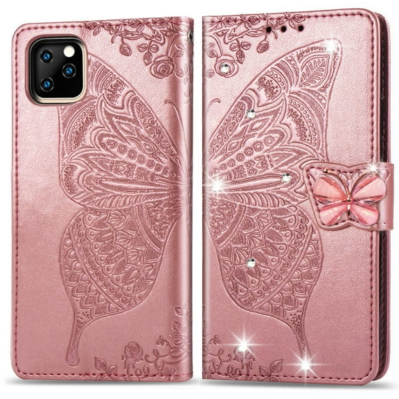 iPhone 12 Pro Max Case, Mantto Bling Diamond PU Leather Flip Wallet Case Hand Strap Butterfly Embossed Protective Flip Stand Card Holder Magnetic Cover for Apple iPhone 12 Pro Max, Rosegold
