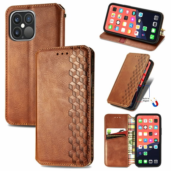 iPhone 12 Pro Max Case, PU Leather TPU Wallet Cover with Card Holder Kickstand Hidden Magnetic Adsorption Shockproof Flip Folio Cell Phone Case for Apple iPhone 12 Pro Max 6.7 inch 2020, Brown