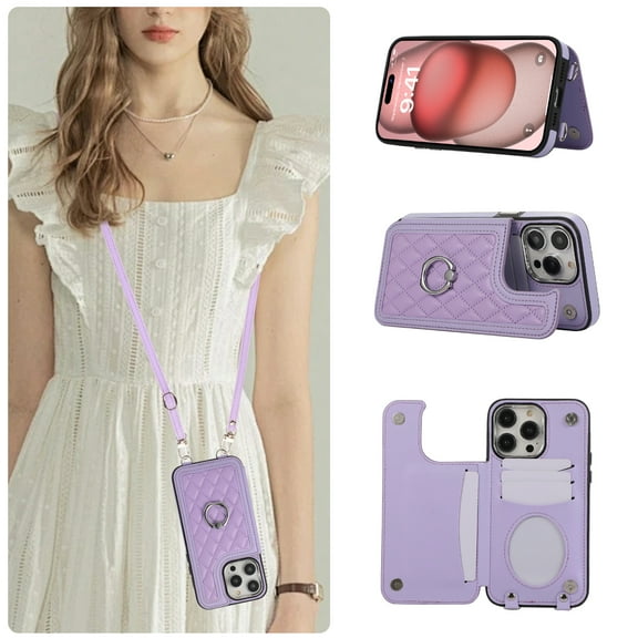 for iPhone 12 Pro Max Case with RFID Blocking Card Holder and Strap for Women,Crossbody Lanyard,Kickstand Ring Stand Holder,Snap Clasp,Cute Phone Wallet Case For iPhone 12 Pro Max, Purple