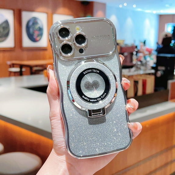 for iPhone 12 Pro Max Case with Ring Stand for Women Girls, Luxury Cute Heart Plating Raised Wavy Corners Bumper Shockproof Slim Fit Sturdy Anti-Scratch Cover for Women Girls,Silver