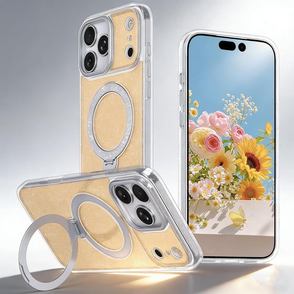 for iPhone 12 Pro Max Case with Rotatable Ring Stand, Magnetic Compatible with Mag-Safe, Military Grade Drop Protection Shockproof Rugged Glitter Phone Case for iPhone 12 Pro Max, Orange