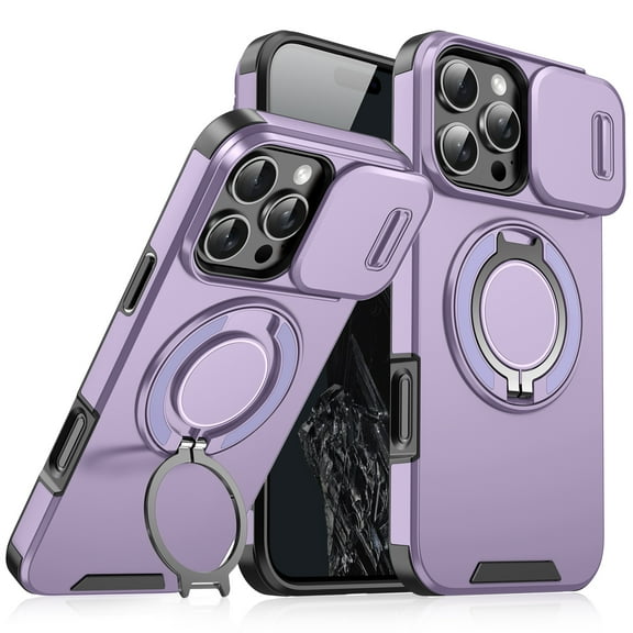 for iPhone 12 Pro Max Case with Rotate Ring Holder Stand & Sliding Camera Lens Cover, Shockproof Rugged Drop Protection Heavy Duty Phone Case Compatible for iPhone 12 Pro Max, Purple