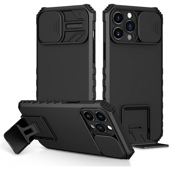 for iPhone 12 Pro Max Case with Slide Camera Cover, ArmourSilicone TPU Bumper Tough PC Cover with Kickstand, Military Shockproof Protective Cell Phone Case for iPhone 12 Pro Max Black
