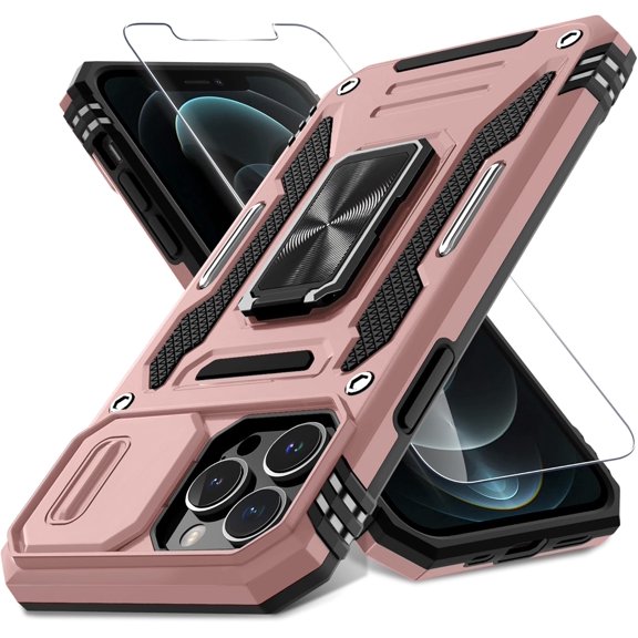 for iPhone 12 Pro Max Case with Slide Camera Cover+Screen Protector(1 Pack),Rotated Ring Kickstand Military Grade Shockproof Protective Cover 6.7 Inch-Rose Gold