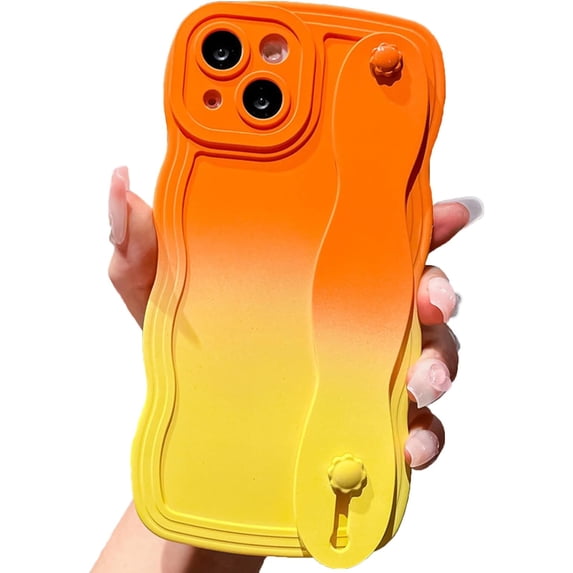 for iPhone 12 Pro Max Case with Strap Cute Curly Wave Frame Shape Kawaii Gradient Color Kickstand Phone Case for Women Girls Slim Shockproof Soft Full Camera Protective Cover, 6.7"-Orang Yellow