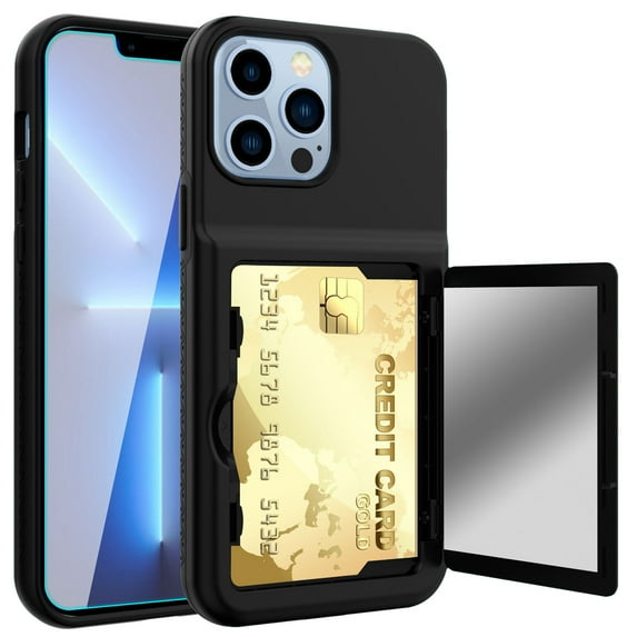 iPhone 12 Pro Max Case with Tempered Glass Screen Protector, Dteck Wallet Case Credit Card Holder & Hidden Mirror, Heavy Duty Shockproof Protective Case for iPhone 12 Pro Max 6.7 inch, Black