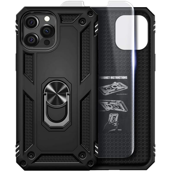 For iPhone 12 Pro Max Case with Tempered Glass Screen Protector, Nagebee Military Armor [Magnetic Ring Holder & Kickstand] Shockproof Protective Cover (Black)