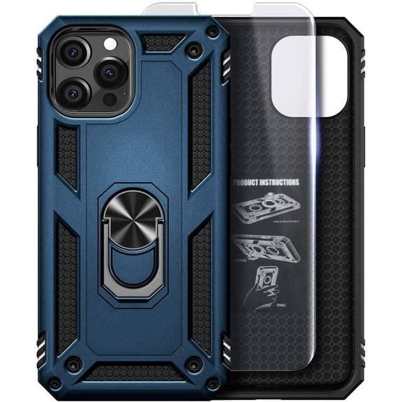 For iPhone 12 Pro Max Case with Tempered Glass Screen Protector, Nagebee Military Armor [Magnetic Ring Holder & Kickstand] Shockproof Protective Cover (Navy Blue)