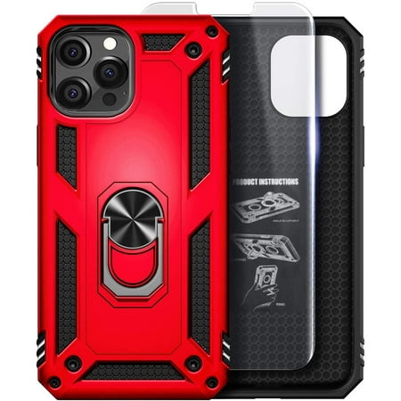 For iPhone 12 Pro Max Case with Tempered Glass Screen Protector, Nagebee Military Armor [Magnetic Ring Holder & Kickstand] Shockproof Protective Cover (Red)