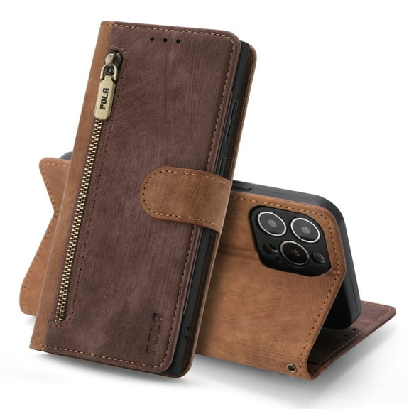 for iPhone 12 Pro Max Case Wallet with Card Slot Premium Soft PU Leather Zipper Flip Folio Wallet with Wrist Strap Kickstand Protective for iPhone 12 Pro Max 6.7 inch Wallet Case - Brown