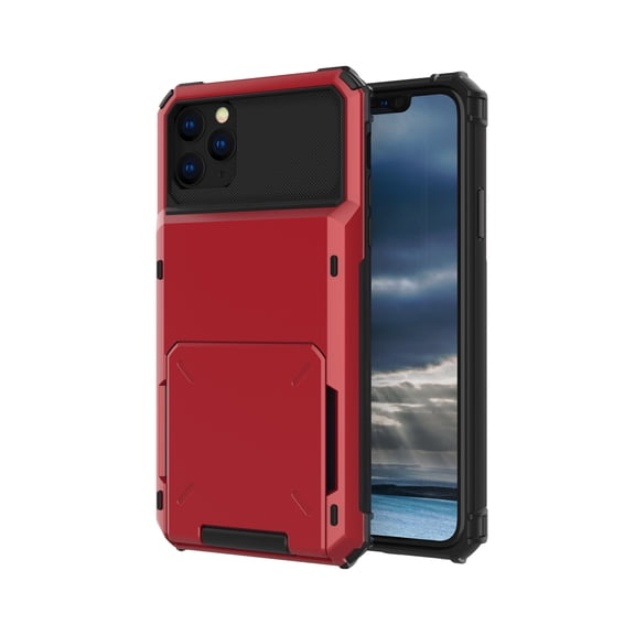 iPhone 12 Pro Max Case, Wallet Cover 5 Credit Card Slots Holder Flip Hidden Rugged Dual Layer PC & TPU 2 in 1 Protection Hybrid Tough Back Armor Phone Skin For Apple iPhone 12 Pro Max, Red