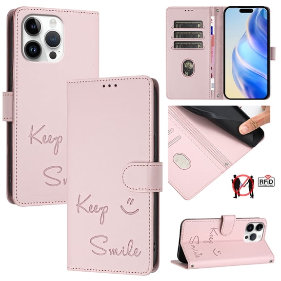 for iPhone 12 Pro Max Case Wallet with RFID Blocking Card Holder, Shoulder Strap & Wrist Strap, Smile Pattern PU Leather Magnetic Clasp Flip Wallet Phone Case for iPhone 12 Pro Max, Pink
