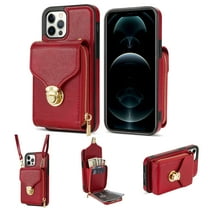 for iPhone 12 Pro Max Case Wallet with Shoulder Strap for Women - Crossbody Lanyard,Zipper Pocket,Credit Card Holder,Shockproof - Metal Buckle Closure Premium PU Leather Case, Red