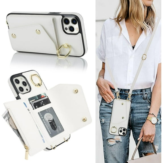for iPhone 12 Pro Max Case Wallet with Strap for Women,Crossbody Lanyard and Wristlet Strap,Zipper Pocket,Credit Card Holder,Ring Stand,RFID Blocking Phone Wallet Case(6.7 inch,White)