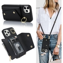 for iPhone 12 Pro Max Case Wallet with Strap for Women,Crossbody Lanyard and Wristlet Strap,Zipper Pocket,Credit Card Holder,Ring Stand,RFID Blocking Phone Wallet Case(6.7 inch,Black)