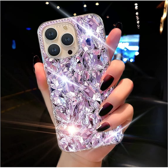 for iPhone 12 Pro Max Case for Women(6.7 inch),Very Shiny Luxury Bling Phone Case with 3D Glitter Sparkle Crystal Rhinestone Diamond Gems on Hard Reflective PC Back Cover for Girls(Purple)