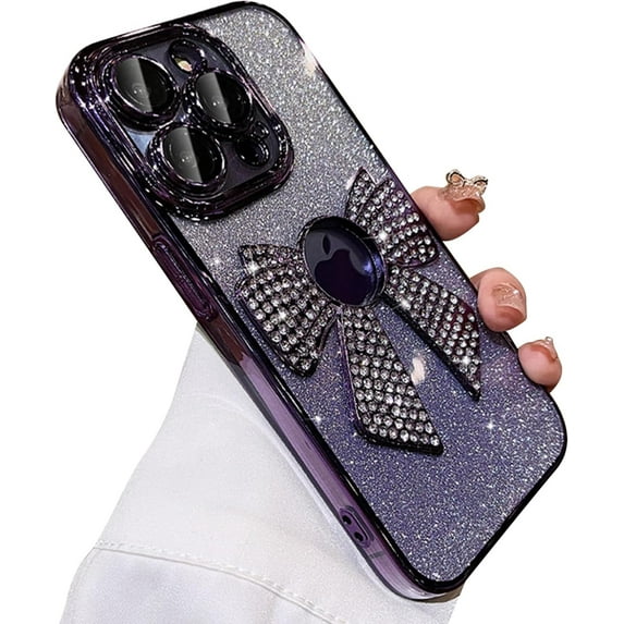for iPhone 12 Pro Max Case Women Cute Bowknot Glitter Rhinestone Bling Plating Luxury Women Girl Phone Case,Shine Diamond Case for iPhone 12 Pro Max Protective Cover,Clear Gradient Purple