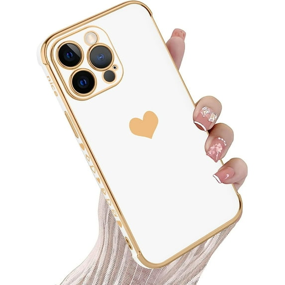 for iPhone 12 Pro Max Case for Women Girl, Plating Edge Cute Love Heart Soft TPU Bumper with 4 Corners Shockproof Protection Phone Case Cover for iPhone 12 Pro Max 6.7 Inch(White)