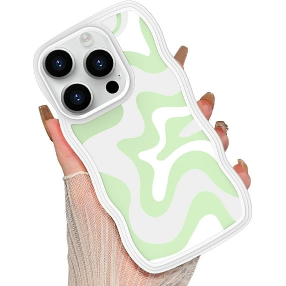 for iPhone 12 Pro Max Case for Women Girls, Cute Curly Wave Frame Shape Design, Art Wavy Painted for Women Girls, Soft Shock-Absorbing and Fall-Resistant for iPhone 12 Pro Max 6.7"-Green