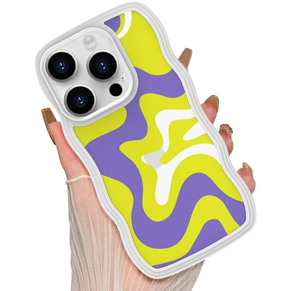 for iPhone 12 Pro Max Case for Women Girls, Cute Curly Wave Frame Shape Design, Art Wavy Painted for Women Girls, Soft Shock-Absorbing and Fall-Resistant for iPhone 12 Pro Max 6.7"-Yellow