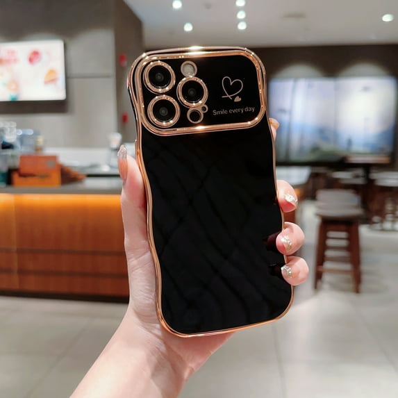 For iPhone 12 Pro Max Case,for Women Girls Soft Cute Wave Frame Curly Shape Love Heart Luxury Plating Phone Case,Luxury Slim Plating EdgeCase,Anti-slip Grip,Full camera lens protection,Black