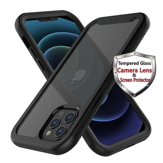 iPhone 12 Pro Max Case, iPhone 12 Pro Max Tempered Glass Camera Lens & Screen Protector, Tekcoo Full Body Sturdy Grip Plastic TPU Slim Transparent Phone Protective Hard Cases - Black