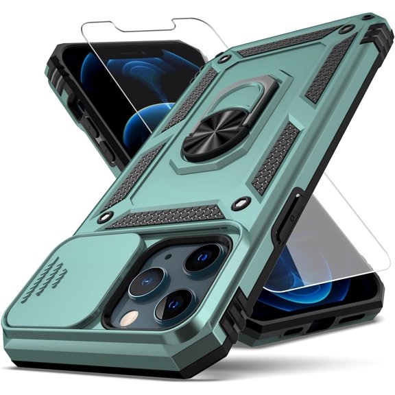for iPhone 12 Pro Max Case,with Camera Lens Cover HD Screen Protector,[Military Grade] Ring Car Mount Kickstand Hybrid Hard PC Soft TPU Shockproof Protective Case for iPhone 12 Pro Max-Green
