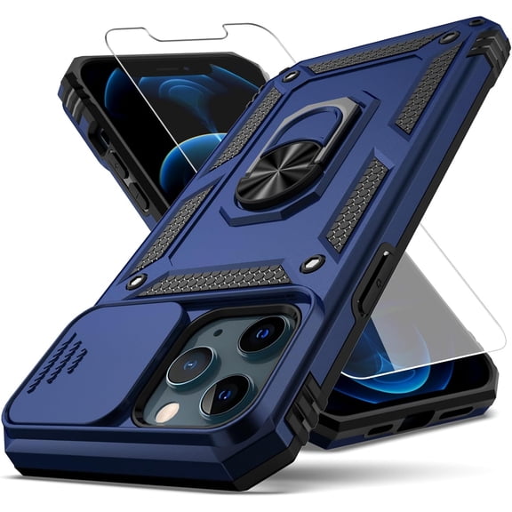 for iPhone 12 Pro Max Case,with Camera Lens Cover HD Screen Protector,[Military Grade] Ring Car Mount Kickstand Hybrid Hard PC Soft TPU Shockproof Protective Case for iPhone 12 Pro Max-Blue