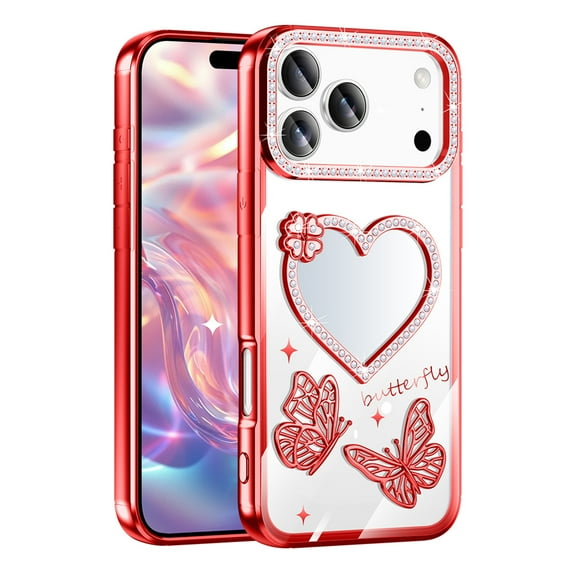 for iPhone 12 Pro Max Clear Back Case, Luxury Diamond Plating Butterfly Floral Ultra Slim Shock-Absorbent Flexible Lightweight Non-Slip Heart Makeup Mirror Protective Women Girls Cover, Red