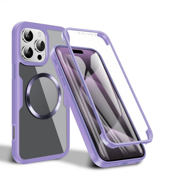for iPhone 12 Pro Max Clear Case with Built-in Screen Protector Film, Compatible with Mag-Safe, Military-Grade Protection Yellowing Resistant, Slim Shockproof Magnetic Full Body Phone Case, Purple