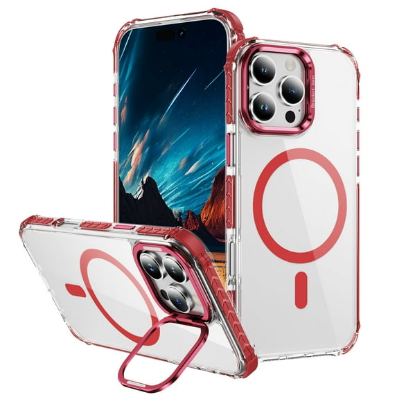 for iPhone 12 Pro Max Clear Case, Compatible with MagSafe, Built-in Camera Ring Stand, Clear Slim Drop Shockproof Full Body Protective Magnetic Phone Case Cover for iPhone 12 Pro Max, Red