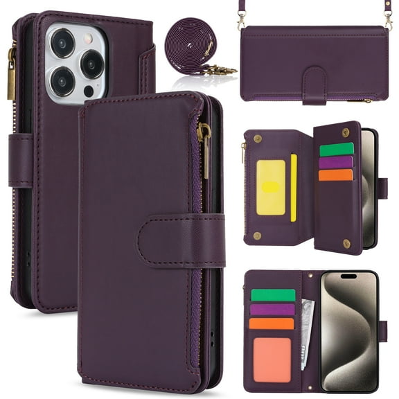 for iPhone 12 Pro Max Crossbody Case, RFID Blocking for iPhone 12 Pro Max Case Wallet with Card Holder, Fashion PU Leather Magnetic Flip Zipper Wrist Strap Lanyard Phone Case, Purple