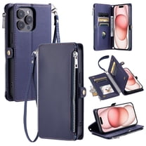 For iPhone 12 Pro Max Crossbody/Shoulder Strap Case Wallet Card Holder RFID Blocking Magnetic Closure PU Leather Flip with Wrist Strap Zipper Credit Card Slots Shockproof Cover, Darkblue