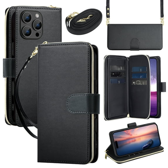 for iPhone 12 Pro Max Crossbody Wallet Case with 9 Card Holders, Cash Slot, Photo Slot, Zipper Pocket PU Leather Magnetic Snap Wallet Phone Case with Flip Stand & Wrist Strap & Lanyard, Black