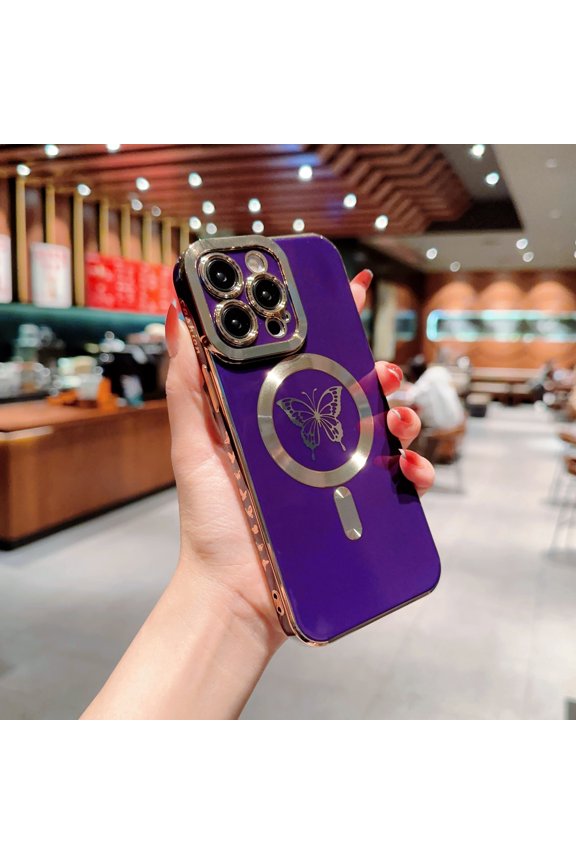 for iPhone 12 Pro Max, Cute Butterflies Design for Women Girls,Luxury Plating Edge Bumper Full Camera Lens Protection Sliding edge Small Heart Patterned Case For iPhone 12 Pro Max, Purple