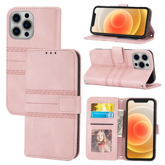 For iPhone 12 Pro Max Flip Case, Premium PU Leather Folio Flip with Design Card Slots Wrist Strap Shockproof Kickstand Magnetic Protective Girls Cover For iPhone 12 Pro Max, Pink