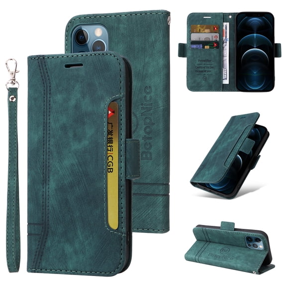 For iPhone 12 Pro Max Flip Case, Slide Card Pocket Premium PU Leather Folio Flip with Design Card Slots Wrist Strap Shockproof Kickstand Magnetic Protective Cover For iPhone 12 Pro Max, Green