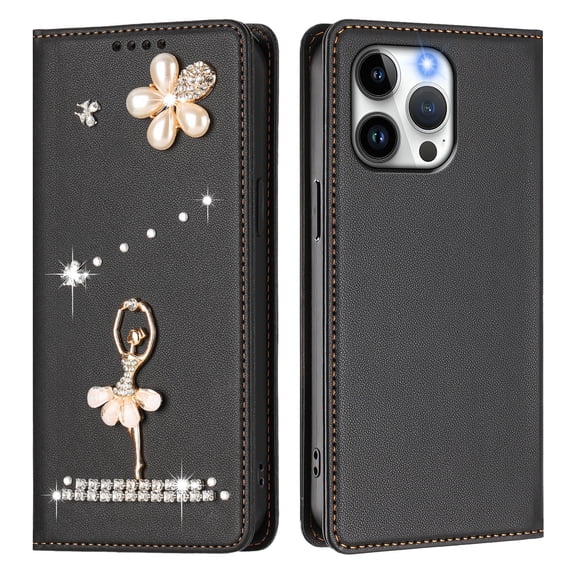 For iPhone 12 Pro Max Flip Phone Case,Luxury Diamond Pearl Ballet Dancer Pattern Design,Anti-Scratch PU Leather Flip Folio Foldable Kickstand,Card Slots,Shockproof Wallet Phone Case,Black