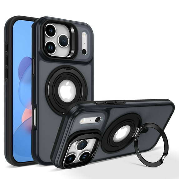For iPhone 12 Pro Max Hybrid Rugged Protective Case with Magnetic Ring Kickstand – Shockproof Military Grade Protection Frosted Matte Cover for Secure Grip & Wireless Charging, Black
