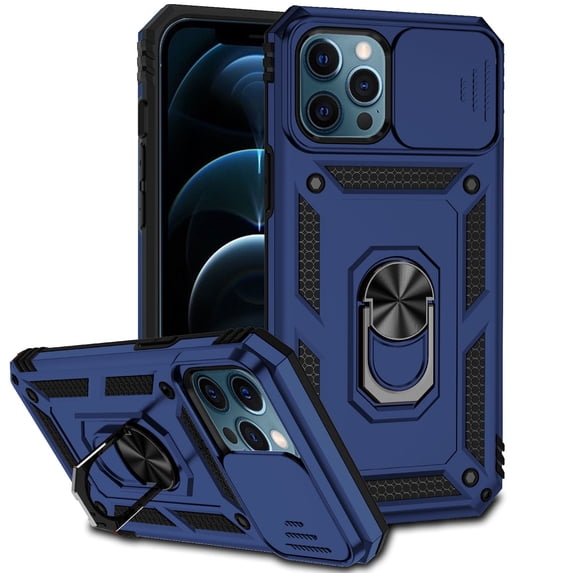 iPhone 12 Pro Max Kickstand Armor Case with Slide Camera Lens Protection Cover Built-in 360° Rotate Ring Holder Stand Magnetic Military Shockproof Phone Cover Case for iPhone 12 Pro Max, Blue